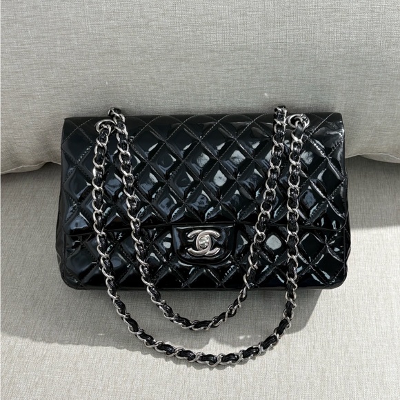 CHANEL Handbags - CHANEL Black Patent Leather Classic Flap Medium SHW
